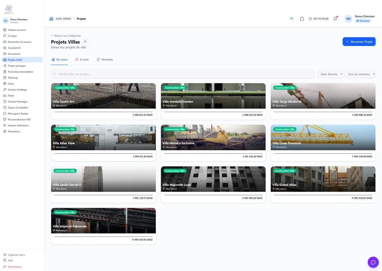 Gestion BTP — Projets actifs : vos villas