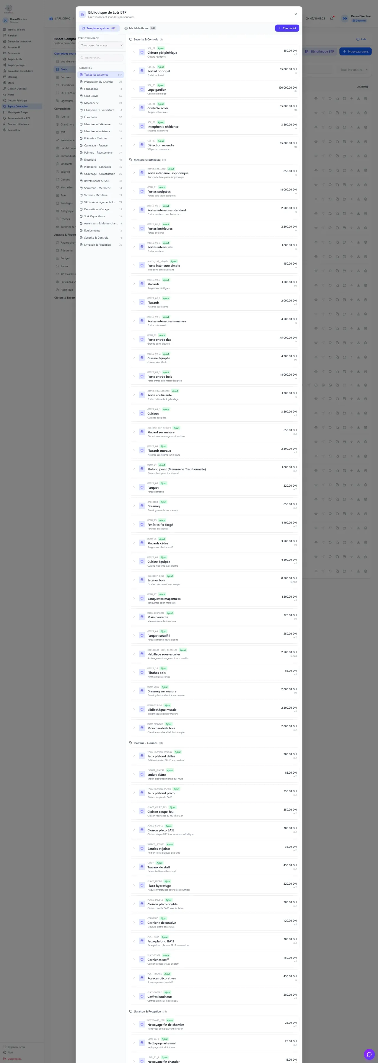 Gestion BTP — Bibliothèque de lots BTP (devis au lot)