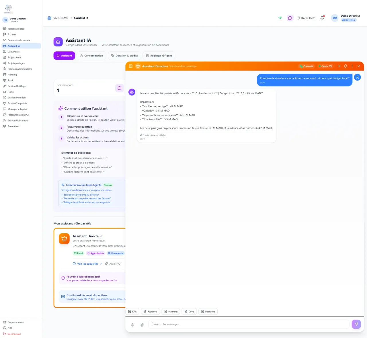 Gestion BTP — Assistant IA : il répond sur vos propres données